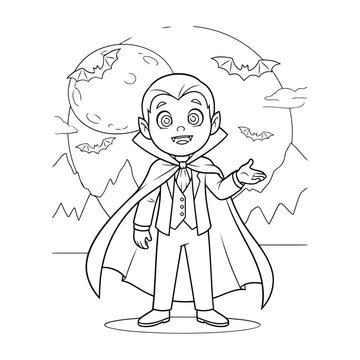 Cartoon child vampire character drawing with bats and lightning effects