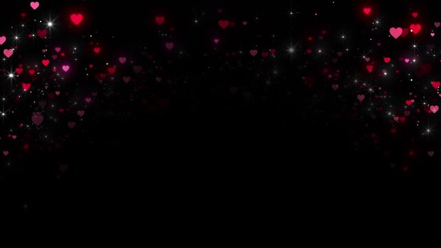 Dark romantic heart background pink floating hearts, silver star glints, particles, empty copy space. Valentine wedding titles, love messages, anniversary promos, greeting cards, romantic overlays.