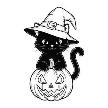 Black cat wearing a witch hat sitting on a carved pumpkin