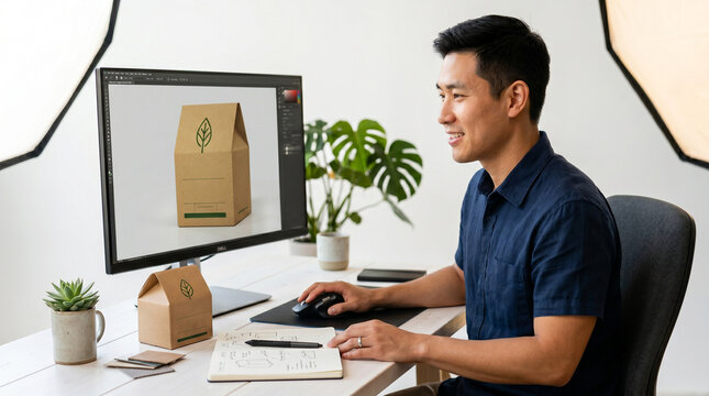 asian man designing eco-friendly packaging on computer in modern office setting