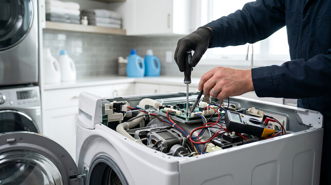 Appliance technician repairing open washing machine electronics with screwdriver and multimeter in modern laundry room
