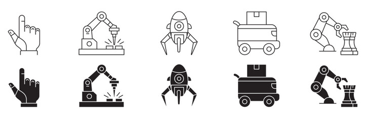 Robotic technology icon set featuring bionic hand industrial mechanical arm lunar lander delivery bot and chess playing robot vector illustration. © suman