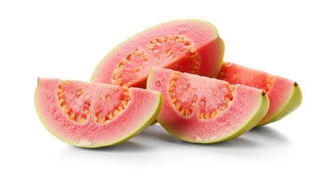 Fresh pink guava fruit slices isolated.