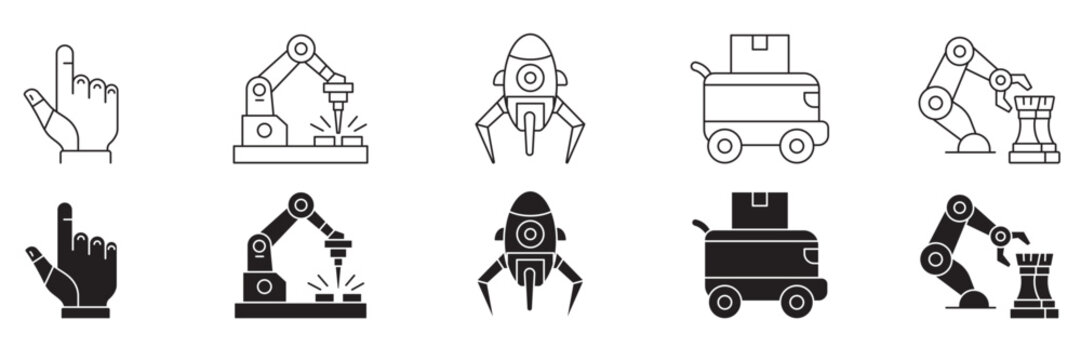 Robotic technology icon set featuring bionic hand industrial mechanical arm lunar lander delivery bot and chess playing robot vector illustration.