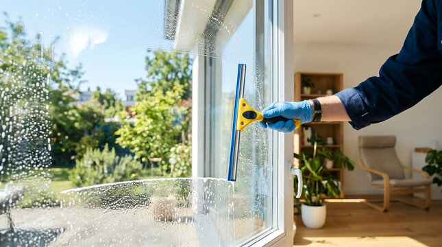 Window cleaner washing glass with squeegee inside bright home overlooking garden during residential cleaning service