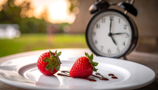 Two fresh strawberries on a white plate with drizzle. An old-fashioned clock is set as a backdrop in an outdoor setting