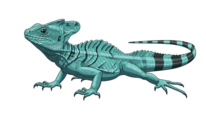 Striking illustration of a green basilisk lizard, showcasing its vibrant turquoise scales, crests, and powerful legs, in a dynamic pose.