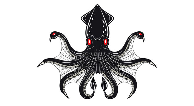 Striking illustration of a vampire squid, showcasing its dark body, large red eyes, and unique webbed arms, isolated on white.