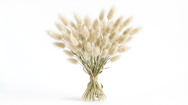 Bunches of dried lagurus ovatus grass on white background with pampas grass