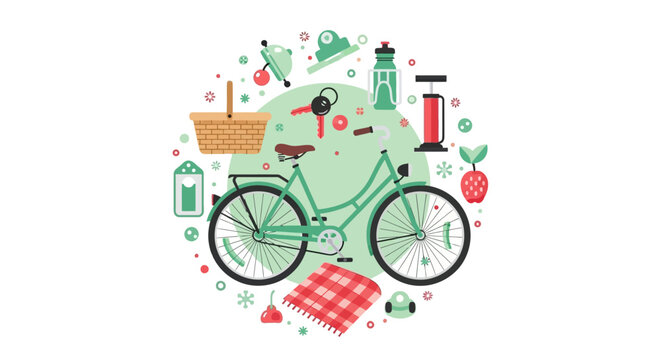 Bicycle Picnic Flat Illustration - Green City Bike with Outdoor Recreation Accessories, Basket, Blanket, and Cycling Gear