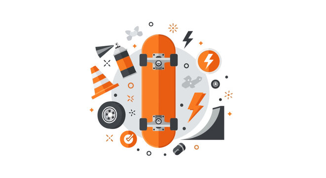 Flat Vector Illustration of a Skateboard with Urban Street Culture Elements and Symbols on White Background