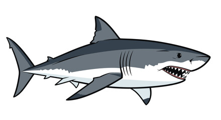 Fototapeta premium Powerful illustration of a great white shark, showcasing its menacing open mouth with sharp teeth, grey and white body, swimming aggressively.