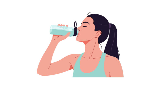 Athletic Woman Drinking Water from Reusable Bottle Illustration, Fitness and Hydration Concept, Vector Flat Design Isolated on White Background