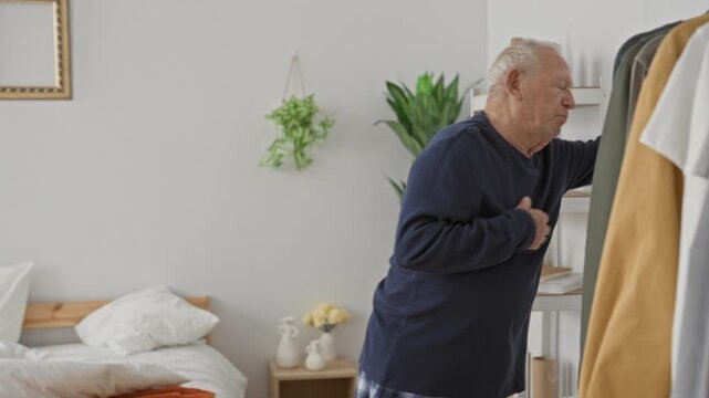 Man clutching chest and leaning on wardrobe and shelving, reaching for support in a bedroom building; distress vulnerability.