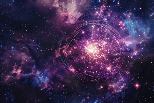 Abstract composition with zodiac circle in signs and symbols
