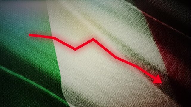 Italy Flag with Red Financial Graph Chart &ndash; Economic Decline, Market Crisis and Recession Concept
