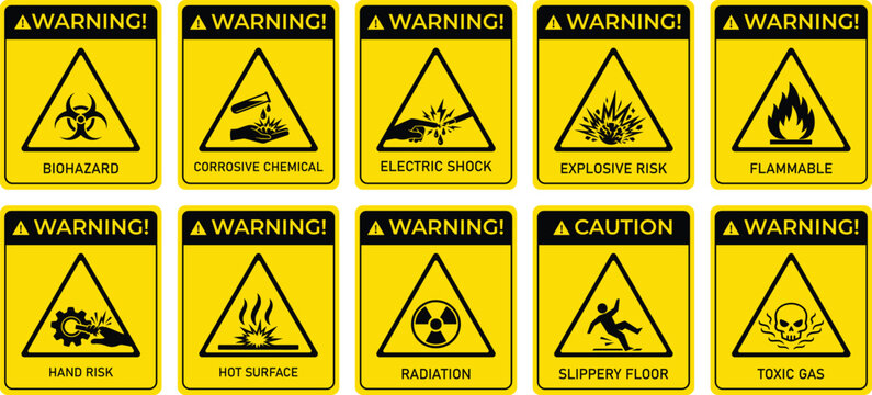 Collection of yellow warning and caution signs with hazard symbols representing biohazard corrosive chemicals electric shock and flammability risks for safety information