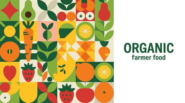 Colorful organic farmer food illustration with fresh vegetables and fruits design