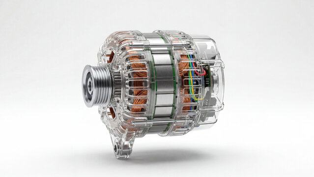 Transparent automotive alternator isolated on white background for display