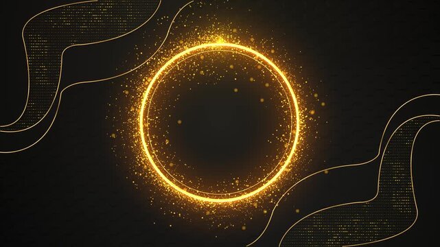 Golden circular ring glowing particle halo, hexagon texture, dotted waves, elegant copy space. luxury logo reveals, award titles, premium promos, gala videos, wedding screens, and cinematic overlays.