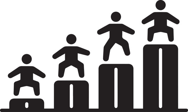 Black and white minimalist vector icon depicting human growth and career progression through four figures standing on rising rectangular bar graphs