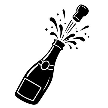 sparkling bottle pops with flying cork and splash in a simple black and white celebration illustration
