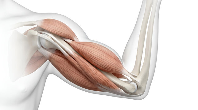A detailed illustration of a human arm flexing its muscles and bones showing bicep and tricep muscle fibers in detail