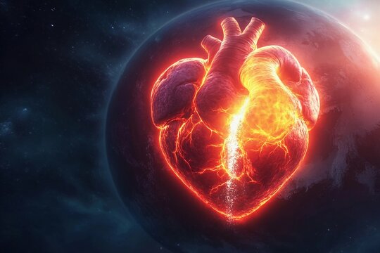 Massive glowing heart pumps clean water and oxygen into space to sustain life on Earth from a vibrant perspective