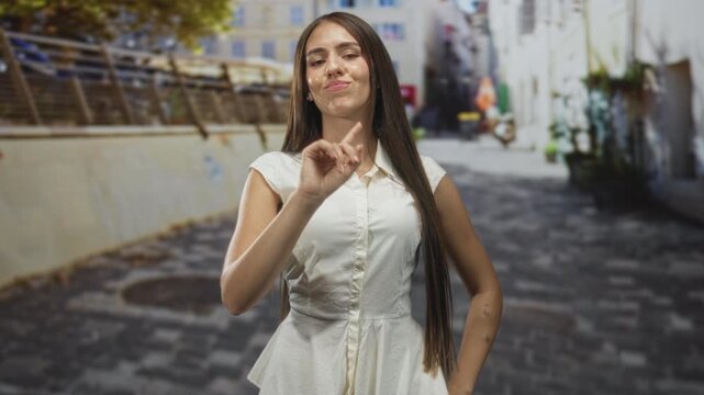 Young woman in white dress points index finger, bare forearm visible, standing on a cobblestone street near railing and buildings; confidence.