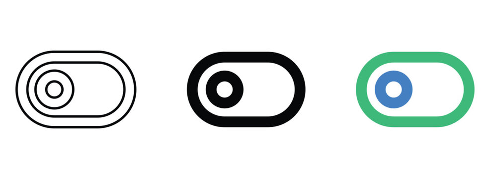 Toggle switch control icons representing active and inactive states in diverse visual styles for user interface design elements.