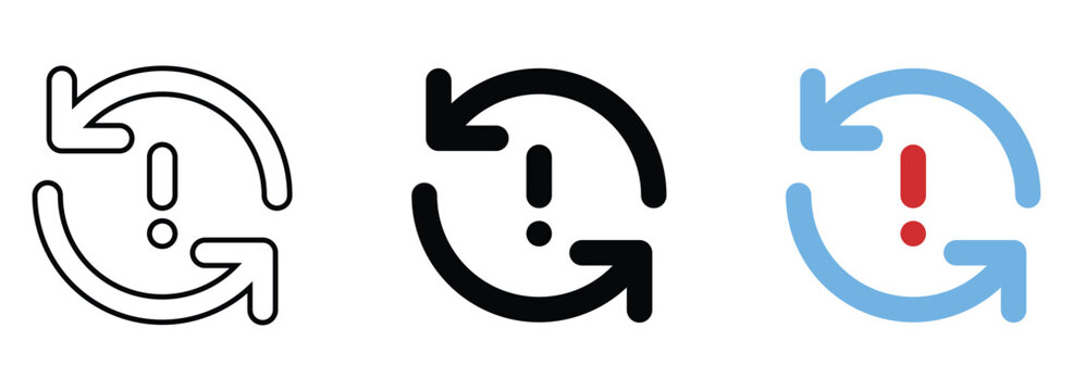 Update error warning icons including refresh arrows and exclamation mark for system maintenance and failure notification.