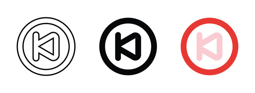 Media player back button icons pack in outline filled and color versions for music and video playback interface design.