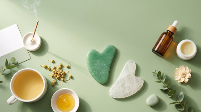 flat lay of jade gua sha tools and essential oils on a green background for spa relaxation