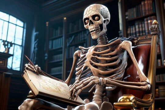 Cracked skeleton seated in library reading a large book with brass details