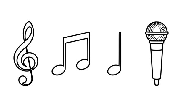Minimalist musical symbols vector illustration set clean black and white outline of treble clef music notes and microphone