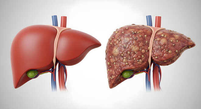Healthy human liver shown in comparison to a diseased cirrhotic liver affected by fibrosis and nodular damage representing medical progression of liver failure for diagnostic study and clinical patien
