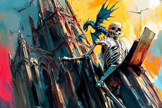 Sketching gothic dragons with a skeleton under a bright sky