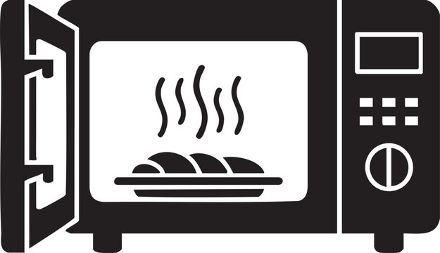 Microwave oven icon with open door and hot steaming food graphic, microwave