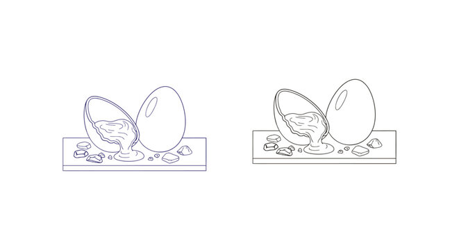 Broken egg with liquid yolk outline illustration, breakfast
