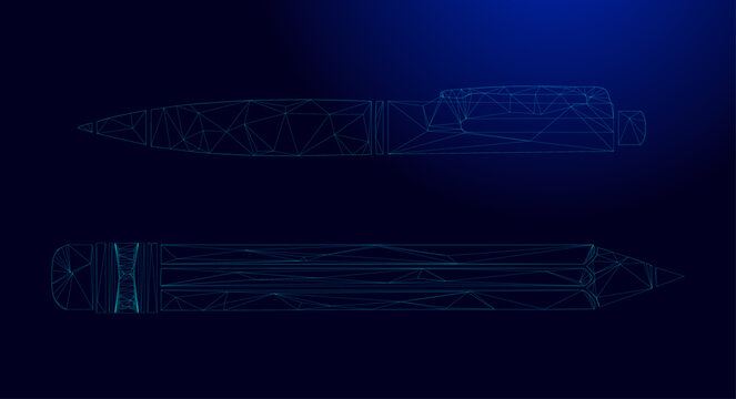 Blue wireframe vector illustration of a technical pen and pencil