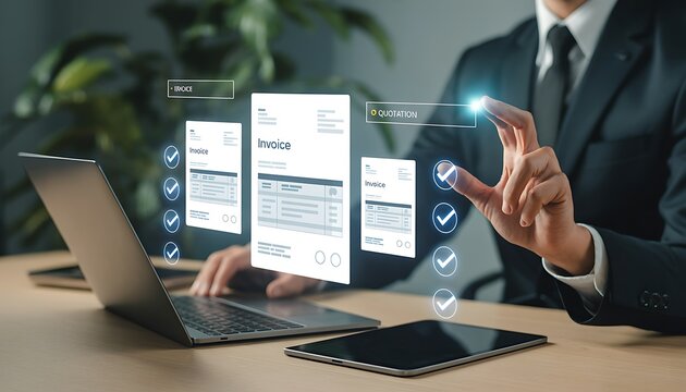 Businessman reviewing financial reports on a holographic display