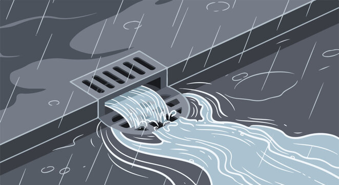 A storm drain channels rushing water during a heavy downpour on a paved surface
