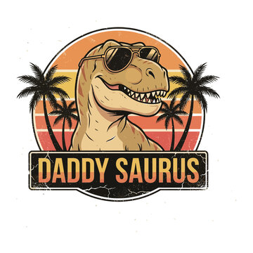 Daddy saurus a fun dinosaur graphic with sunglasses and palm trees