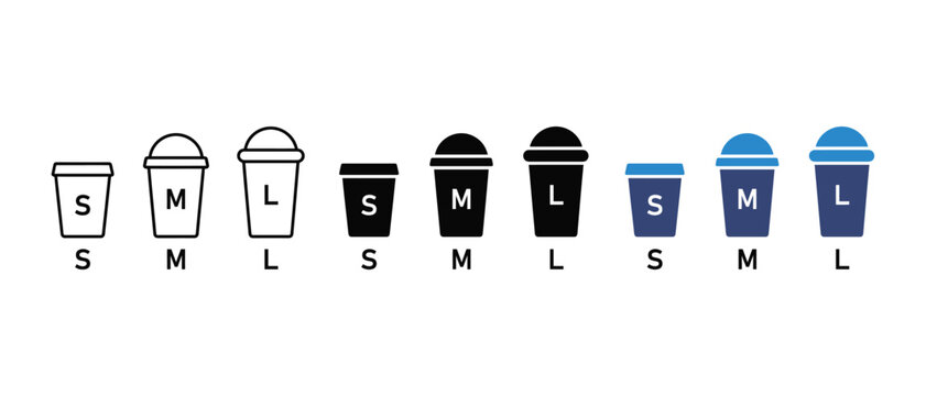 Disposable Takeaway Coffee Cups Small Medium Large Size Icon Set with Slushy Lids Different Styles