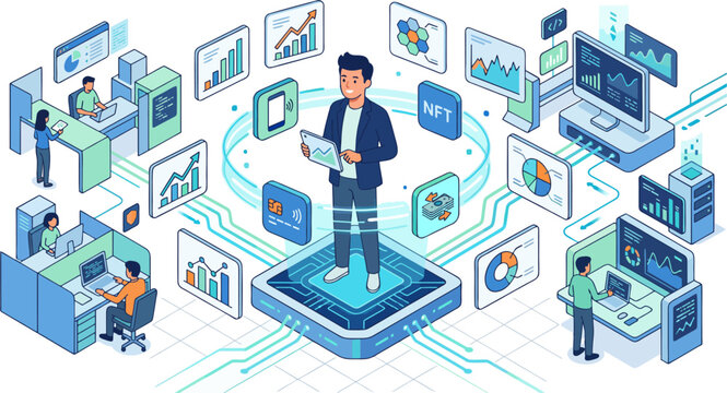 Businessman standing on smartphone surrounded by illustrations and people working