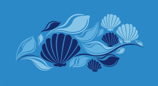 Abstract blue waves and scallop shells artfully arranged in varying shades