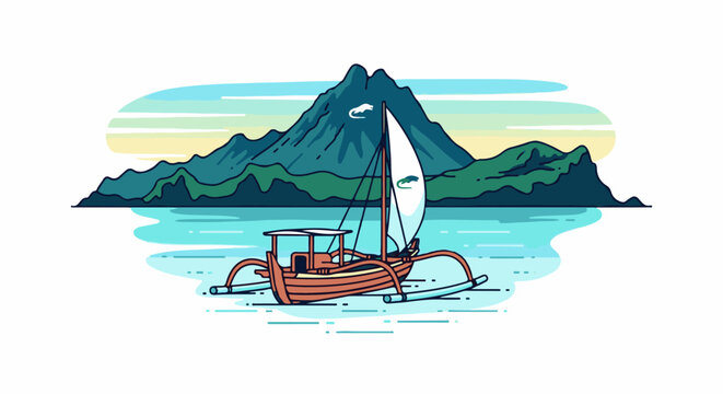 A traditional outrigger canoe floats on calm turquoise water before a lush, volcanic mountain