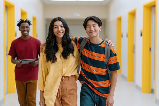 Three students walking together smiling in bright hallway