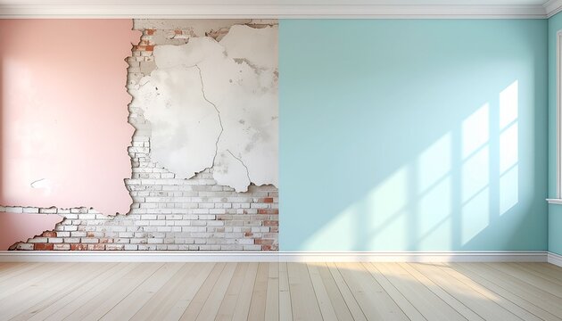 R&eacute;novation d'int&eacute;rieur montrant un mur de briques brutes contrastant avec une peinture neuve bleue