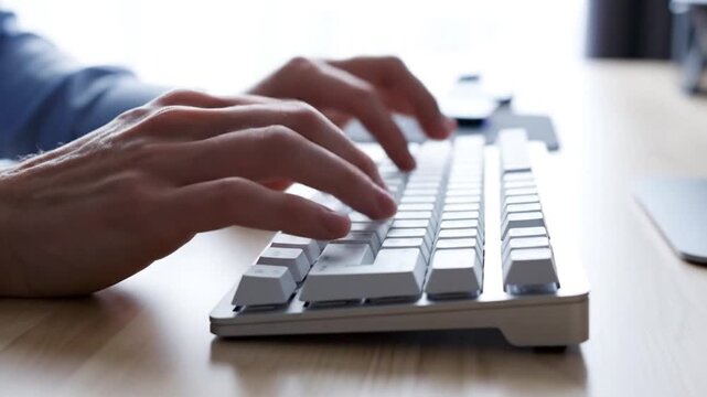 Close up of hands typing on a white computer keyboard with shallow depth of field